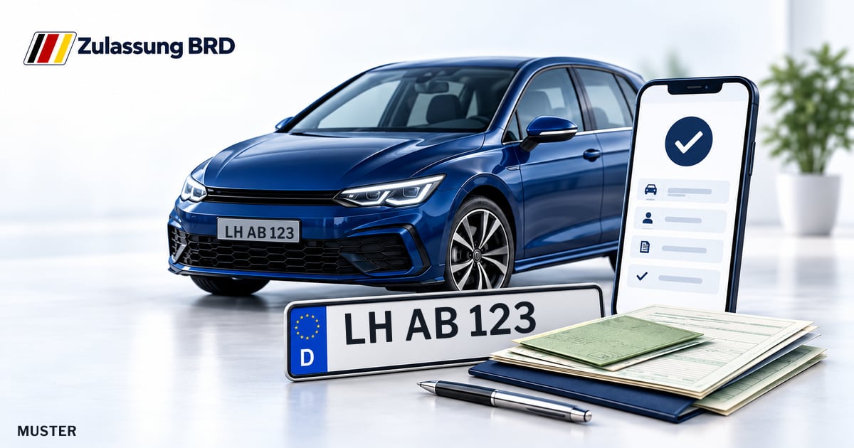 Online Fahrzeugzulassung in Olfen: Musterkennzeichen LH AB 123, Auto und Fahrzeugpapiere und Smartphone. Illustration mit Logo von Zulassung BRD.